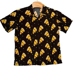 Bioworld Mens M Button Down Shirt Black Pizza Print Rayon Novelty Breathable NWT